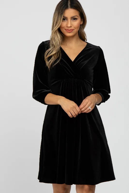 New Styles Just In Black Velvet Wrap Front Babydoll Dress