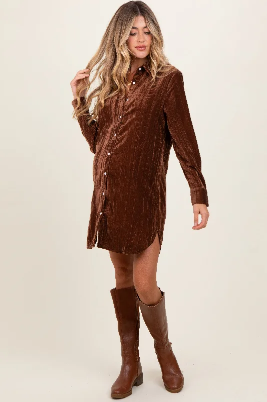 Exclusive Discounts Brown Crinkled Velvet Button Down Maternity Shirt Dress