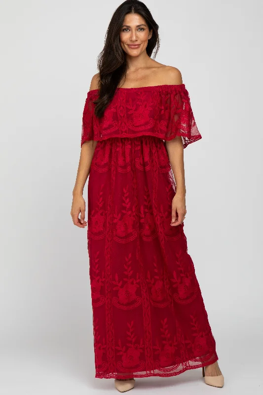 Save Big Burgundy  Lace Overlay Off Shoulder Flounce Maxi Dress