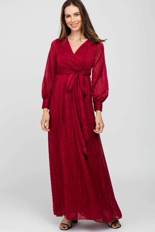 Chic And Edgy Burgundy Metallic Striped Chiffon Maxi Dress