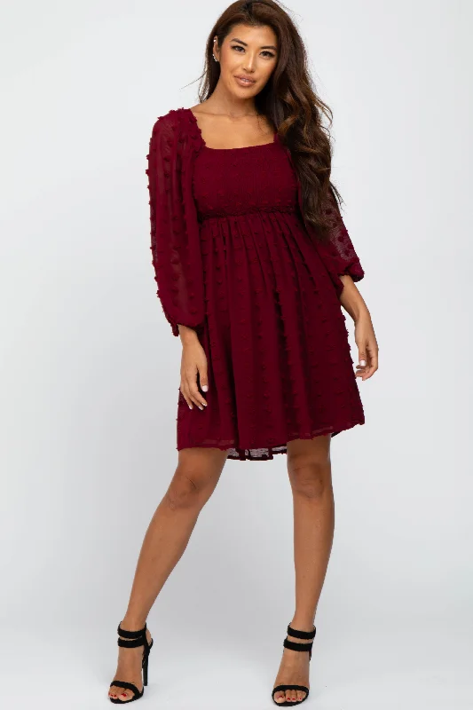 Trend Setting Wardrobe Burgundy Textured Dot Smocked Square Neck Chiffon Dress