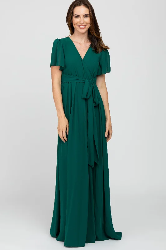 Style Your Wardrobe Forest Green Chiffon Short Sleeve Maxi Dress