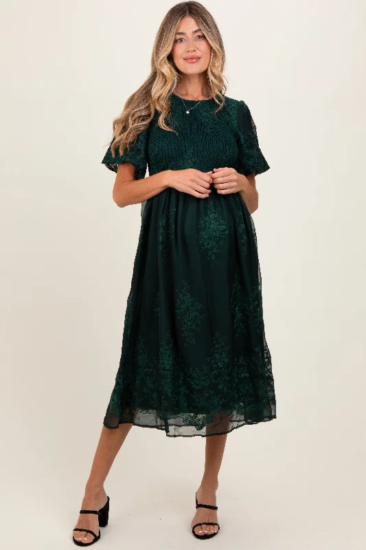 Style Beyond Borders Forest Green Floral Lace Smocked Maternity Midi Dress