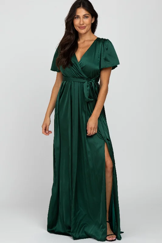 Innovate Your Wardrobe Green Side Slit Satin Maxi Dress