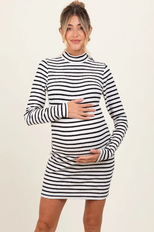 Flash Sale Ivory Striped Mock Neck Long Sleeve Maternity Fitted Dress