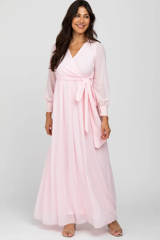 Trend Forward Threads For Her Light Pink Chiffon Long Sleeve Maxi Dress