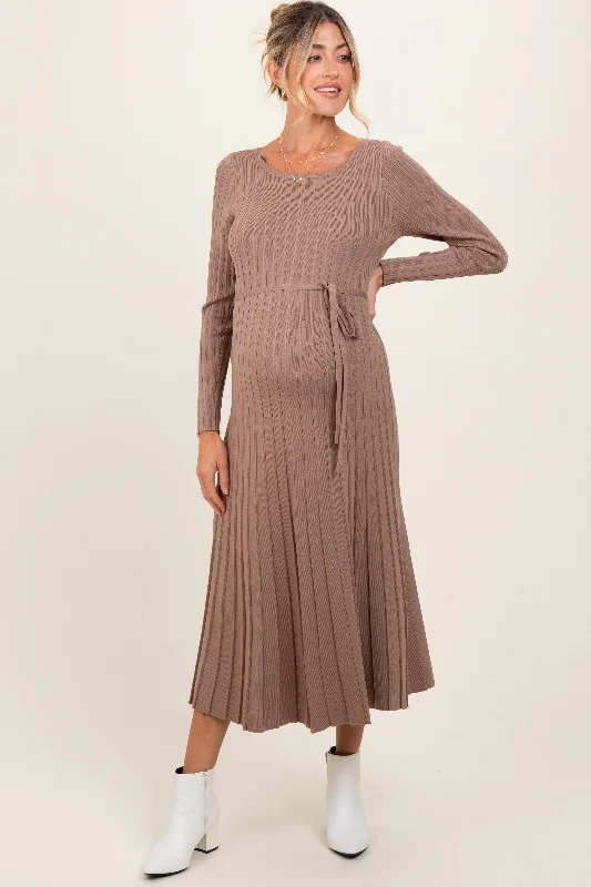 Versatile Wardrobe Essentials Mocha Pleated Waist Tie Maternity Midi Sweater Dress