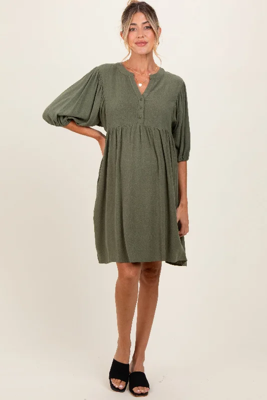 Eco Friendly Fashion Sale Olive Button Up Split Neck Maternity Dress