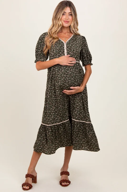 Spring Fashion Olive Floral Puff Sleeve Ruffle Hem Maternity Midi Dress