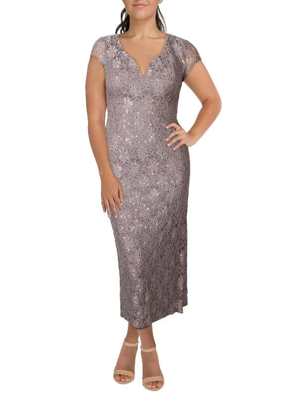 Trend Alert Petites Womens Sequined Lace Evening Dress