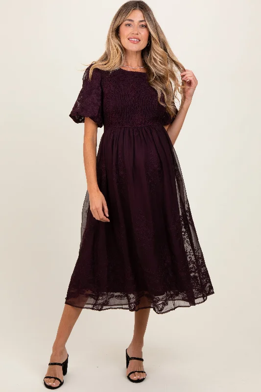 Discover Now Plum Floral Lace Smocked Maternity Midi Dress