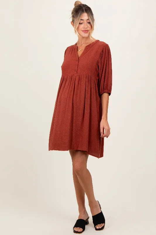 Fashionista Favorites Rust Button Up Split Neck Maternity Dress