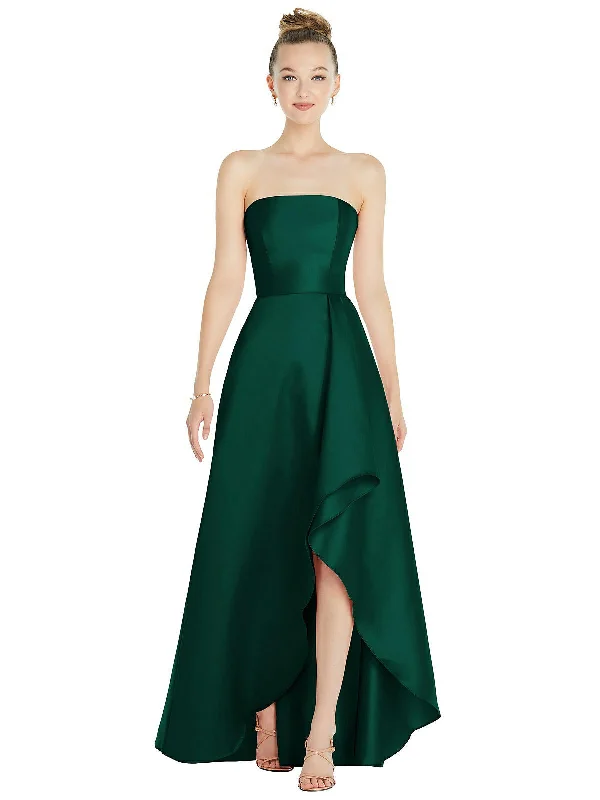 Cutting Edge Fashion Strapless Satin Gown with Draped Front Slit and Pockets