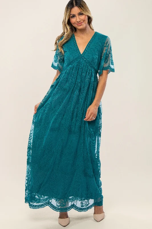 Chic Style Teal Lace Mesh Overlay Maxi Dress