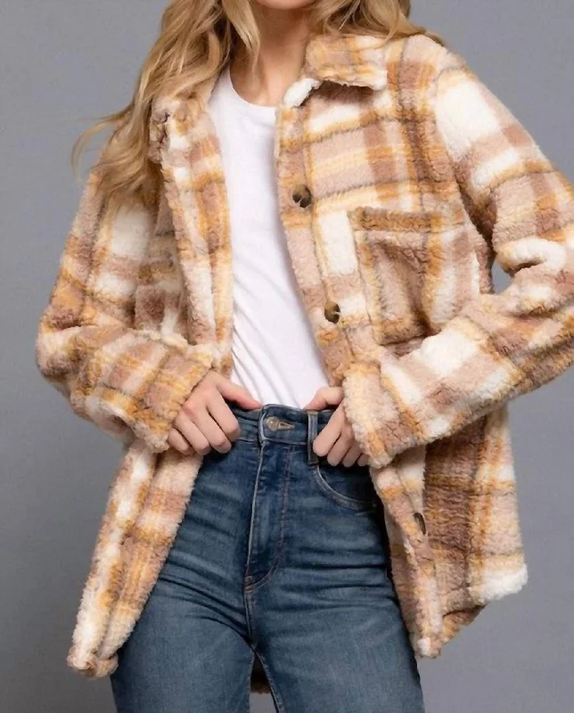 Refined Look Annika Oversized Plaid Faux Fur Shacket In Mustard