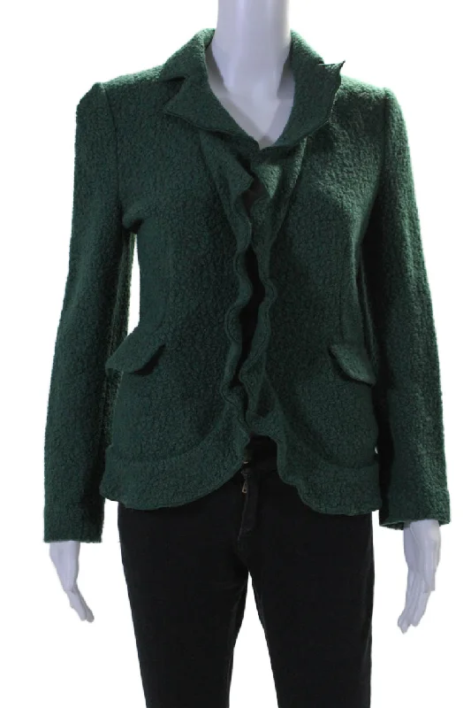 Absurdly Cheap Sale Armani Collezioni Womens Wool V Neck Button Up Ruffle Fleece Jacket Green