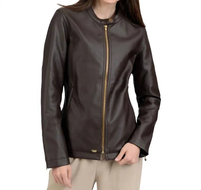 Classic Women's Fashion Café Faux-Leather Racer Jacket In Brown