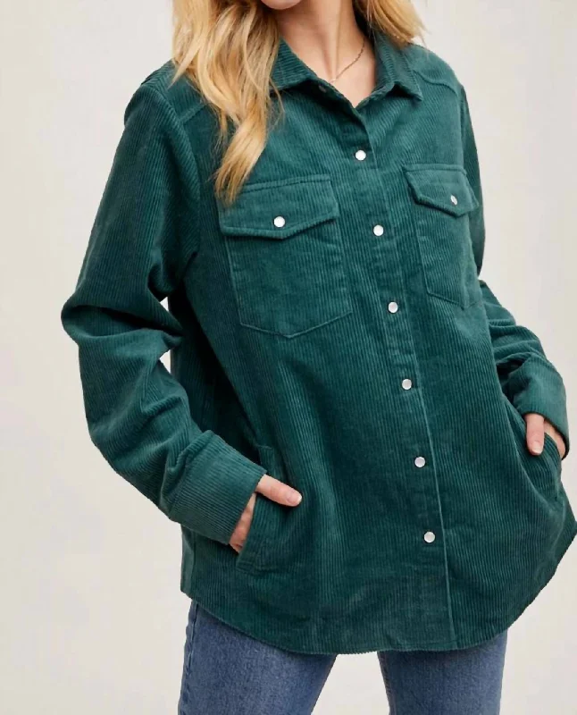 Chic Allure Corduroy Shacket In Pine Tree