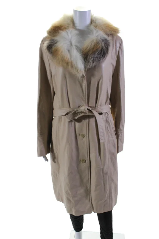 Trend Forward Threads Damselle Womens Leather Fur Trim Button Down Belted Coat Beige