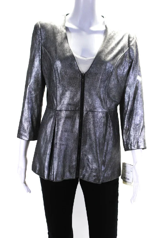 Your Timeless Wardrobe Awaits Doncaster Collection Womens Metallic Leather V Neck Zip Jacket Silver