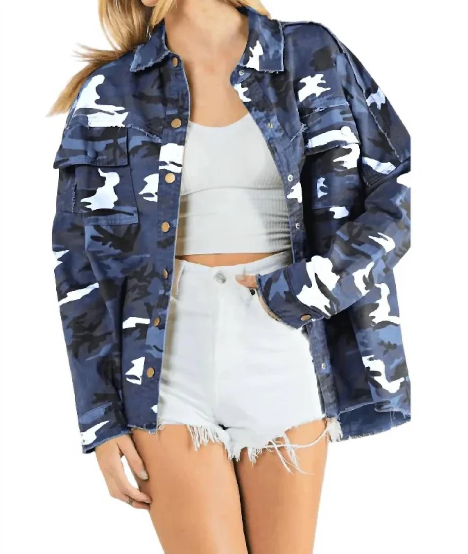 Elegant Attire Edgy Plus: Hallie Army Print Shacket In Slate Blue