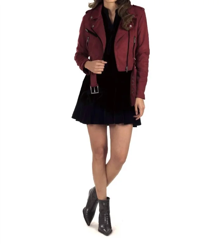 Timeless Elegant Faux-Suede Biker Jacket In Red