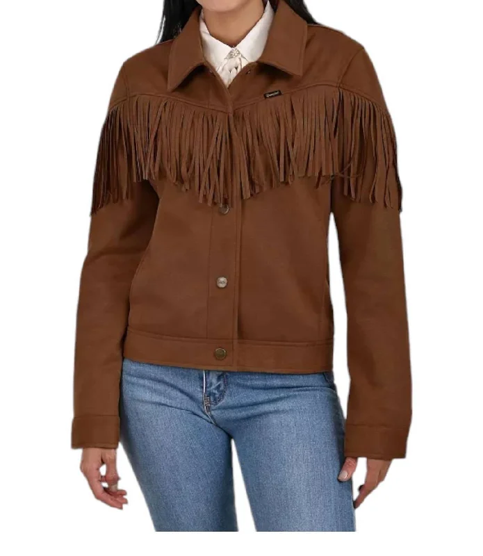 Modern Women's Fashion Faux Suede With Fringe Trucker Jacket In Brown