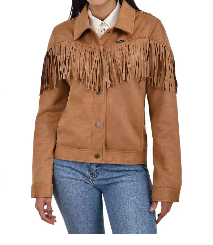 Effortless Comfort Faux Suede With Fringe Trucker Jacket In Mid Brown