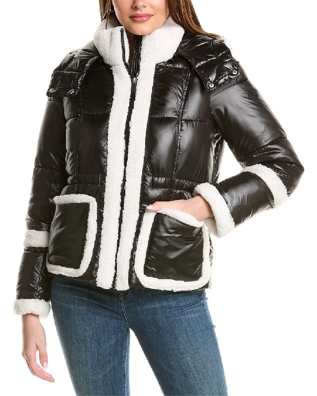 Disco - Inspired Retro Dance Look French Connection Sherpa Trim Puffer Coat