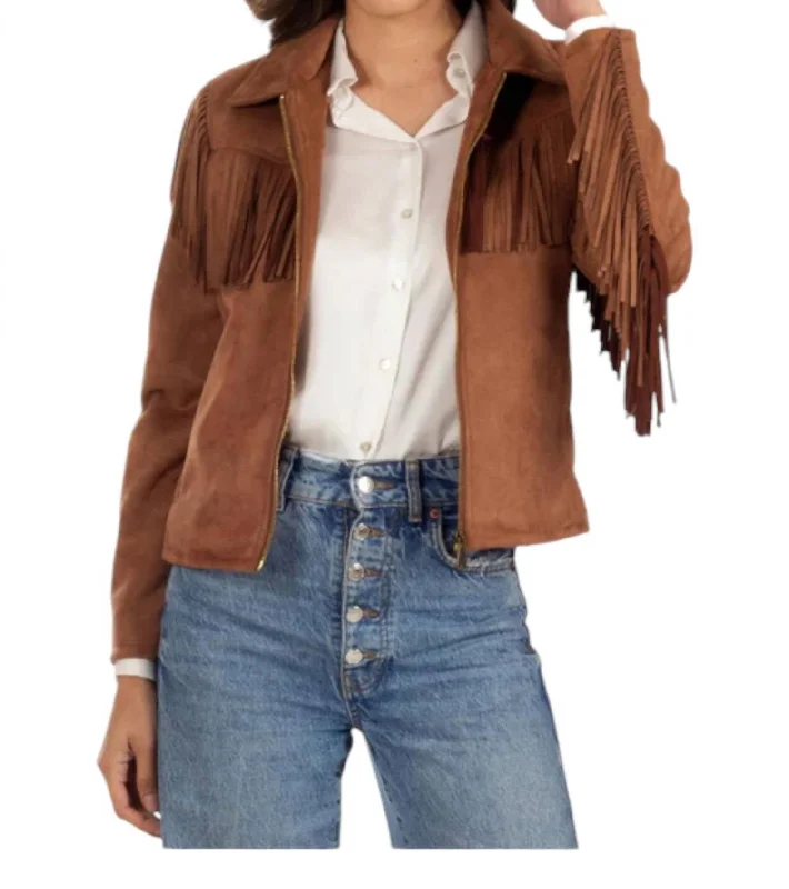 Sophisticated Outfits Fringe Faux-Suede Jacket In Tan