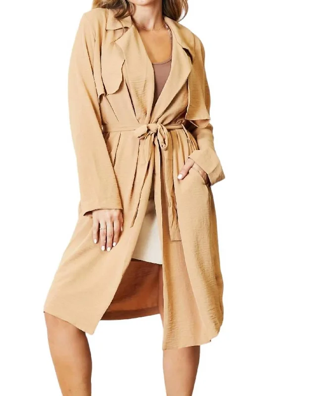 Statement Piece Full Size Tied Trench Coat With Pockets In Khaki