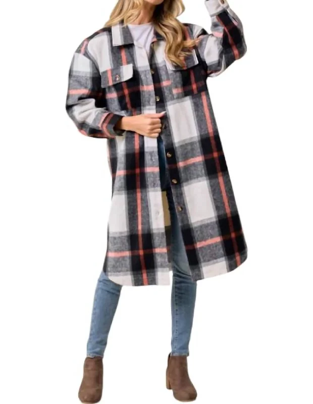 Rustic Countryside Charm Look Hayley Brushed Plaid Longline Shacket In Black/chocolate