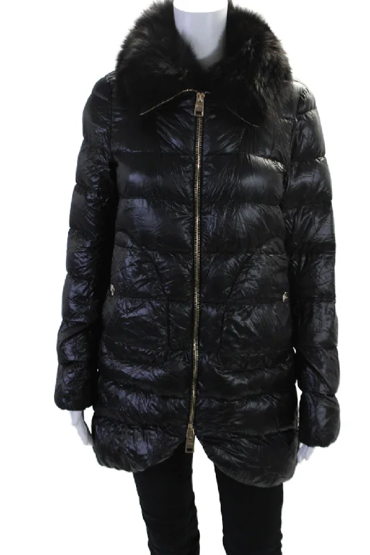 Trendy Women's Collection Herno Womens Fox Fur Trim Full Zipper Hooded Puffer Coat Black