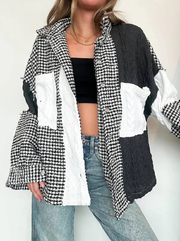 Classic Women's Fashion Houndstooth Patchwork Shacket In Black/white