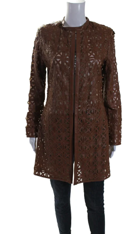 Limited - Edition Drops In Transit 2 Womens Brown Leather Mesh Crew Neck Long Sleeve Jacket