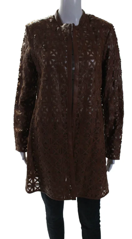 Graceful Drape In Transit 2 Womens Brown Leather Mesh Crew Neck Long Sleeve Jacket