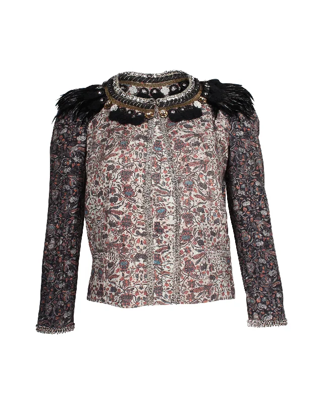 Eco Friendly Fashion Sale Isabel Marant Feather Embellished Printed Jacket in Multicolor Cotton