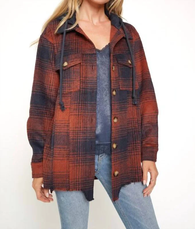 Playful Elegance Kirsten Oversized Plaid Hooded Shacket In Burgundy