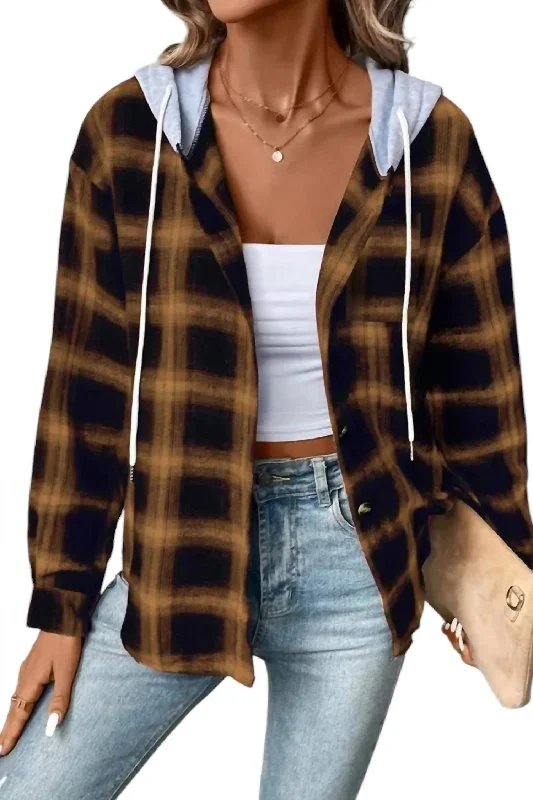 Effortless Sophistication Mallory Plaid Hooded Shacket In Caramel