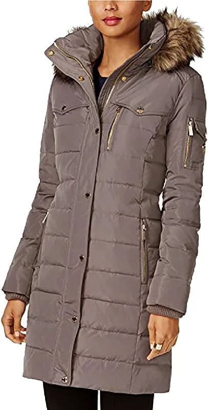 Limited Stock Michael Michael Kors Women Flannel Down 3/4 Puffer Coat with Faux fur and Hood