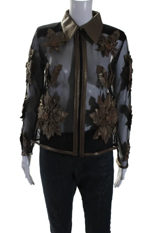 Wardrobe Essentials Natto Womens Brown Floral Leather Mesh Collar Full Zip Long Sleeve Jacket