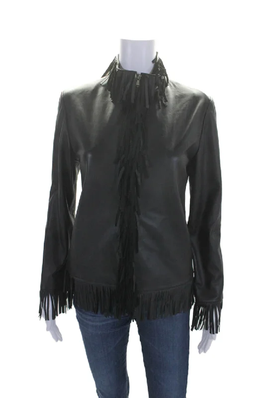 Clearance Event Natto Women's Round Neck Leather Fringe Full Zip Jacket Black