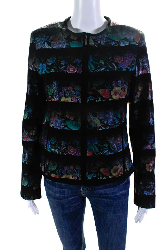 Innovate Your Wardrobe Natto Womens Shimmer Floral Suede Crew Neck Full Zip Jacket Black Multi