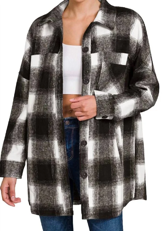 Romantic Date - Night Ensemble Oversized Buffalo Plaid Shacket In White/black