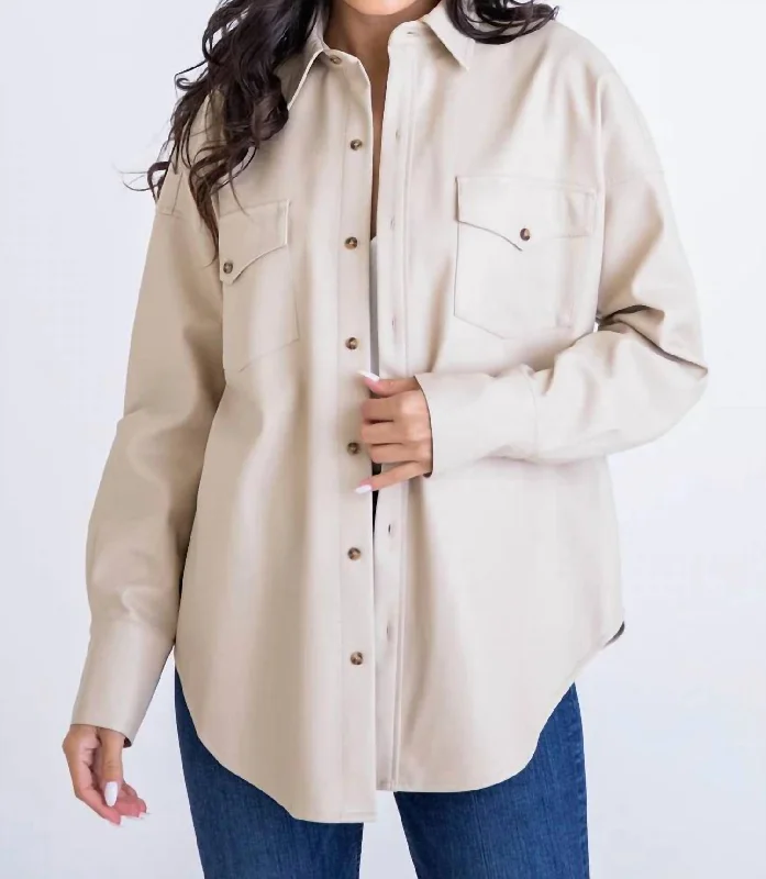 Chic Everyday Wear Pleather Shacket In Ivory