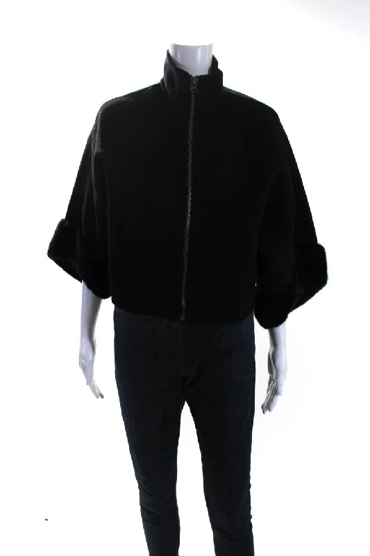 Huge Price Cut Pologeorgis Womens Mink Fur Trim Dolman Sleeve Maren Fleece Jacket Black