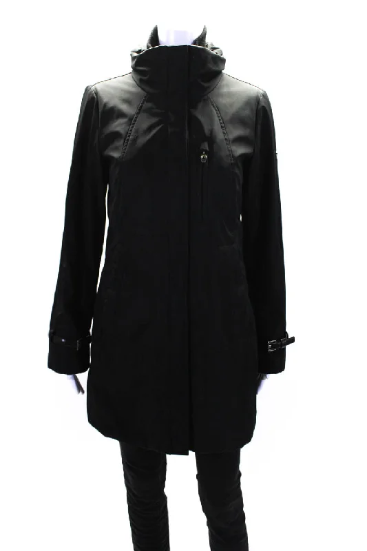 New Season Fashion Preview Sale Post Card Womens Full Zipper High Neck Long Sleeves Parka Coat Black