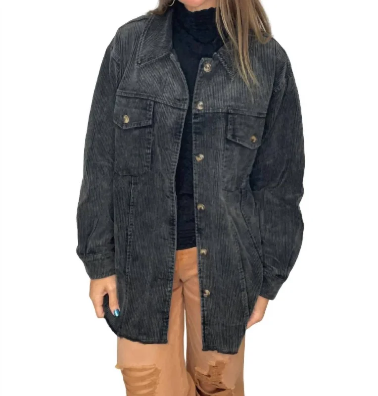 Romantic Flair Regan Corded Oversized Shacket In Charcoal/black