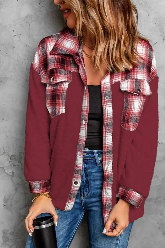 Casual Chic Sherpa Plaid Shacket In Red