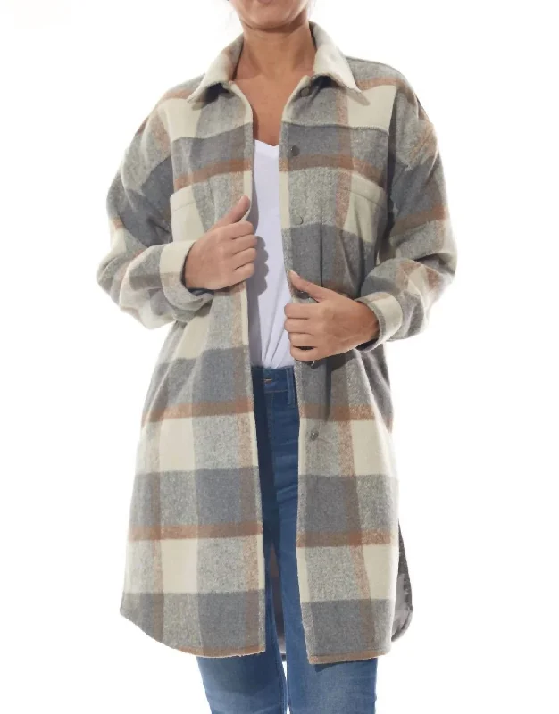 Lightweight Fabric Side Slit Shacket In Sterling Plaid